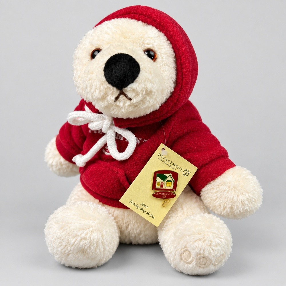 Department 56 Bella 2003 Holiday Bear & Pin Set Red Hoodie Plush 9" Cream